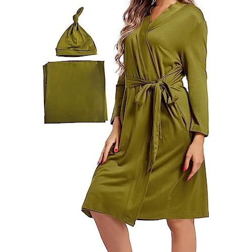 SUFEINI Maternity Mommy Robes with Matching Swaddle Blanket Set, Maternity Mommy Postpartum Bathrobe Sleepwear