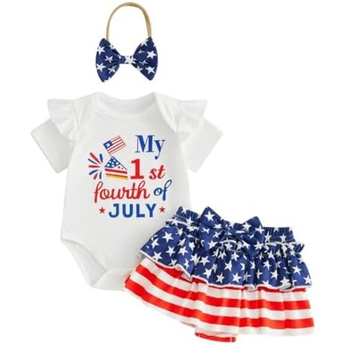Afunbaby Baby Girl 4th of July Outfit Letter Print Romper Short Layered Skirt Sets My First 4th of July Baby Girl Clothes