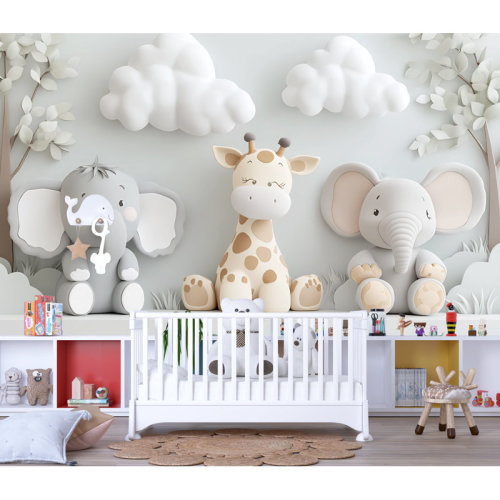 Stickalz Cute Giraffe And Elephants Wallpaper – Neutral Nursery Animal Mural For Baby Room, Gentle And Soft Safari Wall Art For Toddlers, Calm Pastel Theme Design | Wayfair