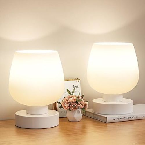 Seealle Touch Bedside Table Lamp Set of 2 - Small Bedside Lamp for Bedroom Living Room Night Stands, Desk Lamp with White Glass Shade for Small Spaces, 3 Way Dimmable, LED Bulbs, Gifts