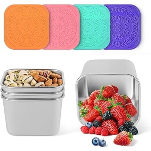 4Pack 6oz Reusable Stainless Steel Snack Containers for Kids, Easy Open Leak Proof Metal Small Toddler Snack Containers with Silicone Lids, Stackable Metal Toddler Lunch Box for Daycare School Travel