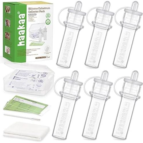haakaa Colostrum Collectors 6ml/6pcs Pack - Collect, Store & Feed Colostrum in One, Ready-to-Use Individually Wrapped, Reusable & Leakproof, Include Cloth Wipe and Cleaning Brush