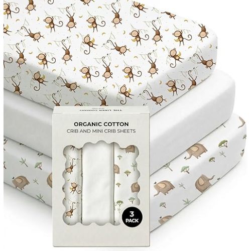 100% Organic Cotton Baby Crib Sheets (3-Pack) – GOTS Certified, Soft Fitted Sheets for Mini Mattress & Pack n Play, 5 in Deep Pocket with Secure Elastic Fit, Boys & Girls, (28" x 55") Safari