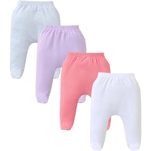 4 Pack Baby Footed Pants: Soft Cotton Spandex Pants with Feet Pull on Bottoms for Infant Unisex Baby Boys Girls