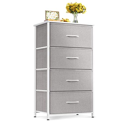 ODK Small Dresser for Bedroom with 4 Storage Drawers, Light Grey | Dresser Chest of Fabric Drawers with Sturdy Steel Frame for Small Space, Wood Top