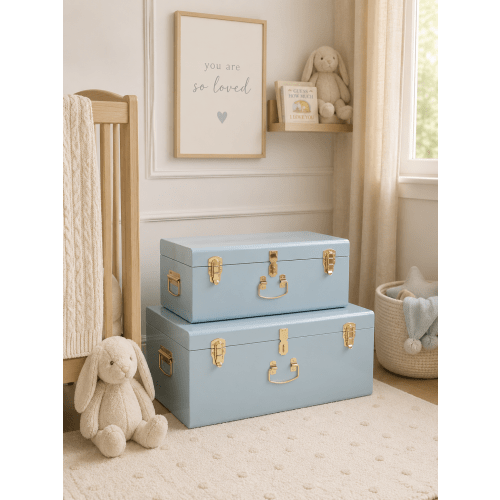 POWDER BLUE METAL TRUNK -GOLD HANDLES