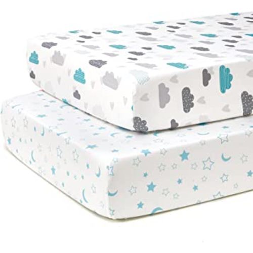 TILLYOU Baby Crib Sheets for Boys Girls, Super Soft Toddler Bed Sheets, 2 Pack Sheets for Standard Crib Mattress 28x52in, Blue Clouds and Stars