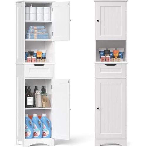 Gizoon 67" H Tall Bathroom Cabinet, Storage Cabinet with 2 Doors & Drawer, Narrow Bathroom Storage Cabinet Freestanding Adjustable Shelves for Home, Kitchen, Versatile, Anti-Tipping, White