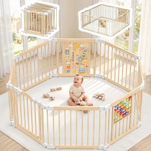 BIERUM Wooden Baby Playpen 56x56x24, 8 Panel Foldable Play Yard for Babies