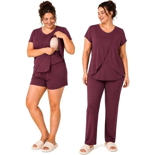 Rnxrbb 3 PCS Nursing Pajamas Set Postpartum Pjs Breastfeeding Sleepwear for Women Double Layer with Pockets