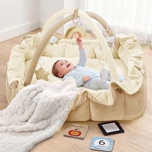 5-in-1 Convertible Baby Play Gym, Baby Play Mats for Floor, Tummy Time Mat with Blanket and 6 Sensory Toys, Baby Activity Center from Newborn to Toddler, Ball Pit, Plush Pet Mat(Cream)