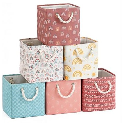 6 Pack Boho Rainbow Storage Bins, 11 Inch Cube Fabric Storage Basket