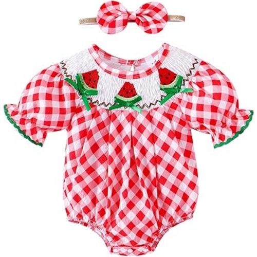 Baby Girl Clothes Smocked Romper Newborn Plaid Short Sleeve Bubble Bodysuit + Bow Headband Summer Outfits 0-18 Months