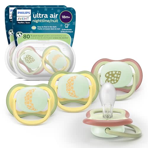 Philips Avent Ultra Air Nighttime Pacifiers - Orthodontic Design, for Babies 18 Months+, Glow in The Dark, Extra-Firm Silicone Symmetrical Nipple, BPA-Free, 2 Sterilizing Cases, 4 Pack, SCF376/38