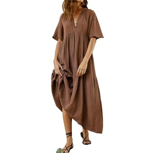 R.Vivimos Womens Summer Cotton Flowy Maxi Dress Short Sleeve V Neck Empire Waist Boho Tiered Ruffle Casual Loose Long Dresses
