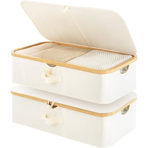 StorageWorks Underbed Storage Containers with Lids, 2-Pack 7" Low Profile Under Bed Storage Box with Bamboo Frame for Clothes, Bedding, Blankets and Shoes, 42L Sturdy Fabric Organizer, Beige