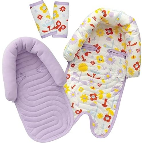 GoldBug Deluxe Duo Car Seat Head Support + Matching Strap Covers for Baby and Infant - Backyard Bugs