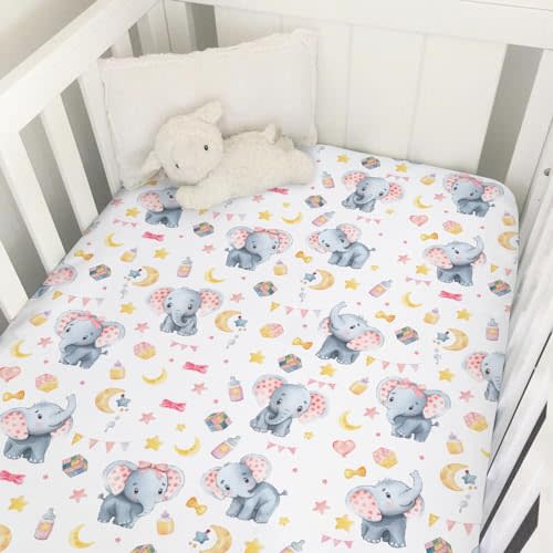 Cute Elephant Baby Crib Sheets 52''x28'' Cartoon Elephant Snug Fitted Crib Mattress Sheet for Boy Girl Elephant Pink Soft Nursery Baby Bed Sheets Fits Standard Crib and Toddler Mattresses