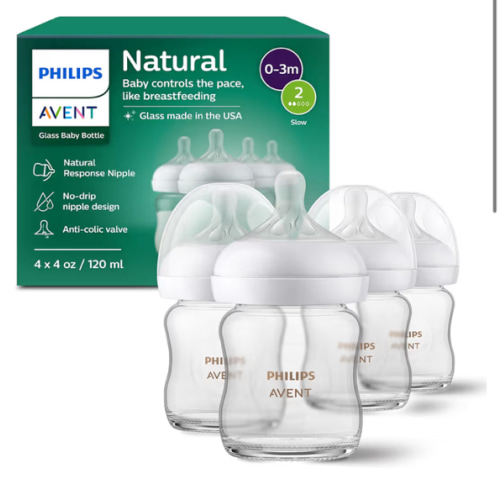 Philips Avent Natural Glass Baby Bottles with Natural Response Nipples (Slow Flow, Flow 2), 4oz, 4-Pack, SCY910/04