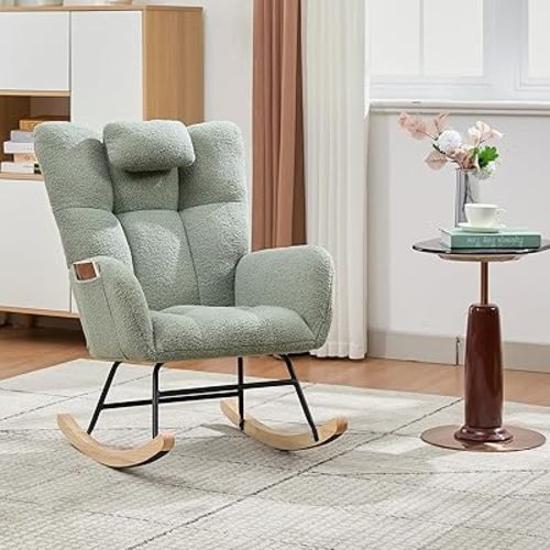 Rocking Chair Nursery Teddy, Upholstered Baby Fluffy Glider Rocker for Adults Small Spaces Indoor,Nursing Chairs for Living Room, Bedroom, Classroom（Green）