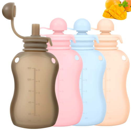 4 Pack Reusable Silicone Baby Food Pouches, 5oz Refillable Squeeze Pouches for Homemade Puree, Leakproof Baby Food Storage Bags for Breastmilk and Toddler Feeding