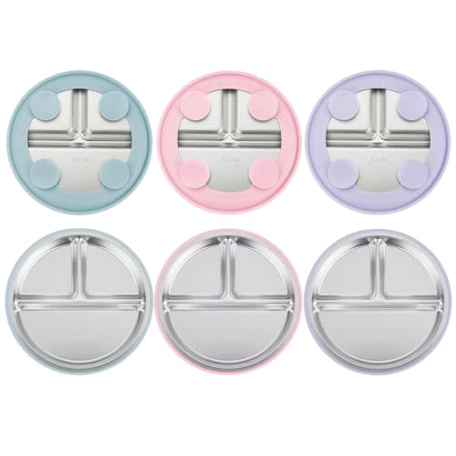 PandaEar 3 Pack Stainless Steel Baby Suction Plates, Divided Toddler Plate for Baby Led Weaning Supplies, Non-Slip Toddler Baby Feeding Set Dishwasher Safe (Pink/Purple/Blue)