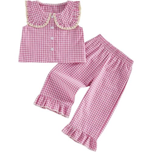 Toddler Baby Girls Summer Outfits Plaid Linen Ruffle Sleeveless Button Up Vest Tank Tops Elastic Waist Pants Set