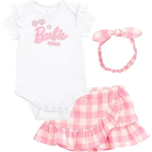Barbie Baby Girls Bodysuit Ruffle Skirt and Bow Headband 3 Piece Outfit Set Newborn to Infant