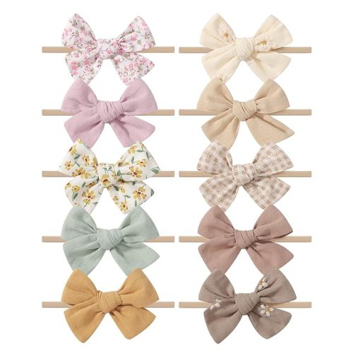 10PCS Baby Girls Headbands Hair Bows Nylon Cotton Linen Hairbands | Fine Handmade Hair Accessories for Newborn Infant Toddlers Little Girls-Embroidered Flower