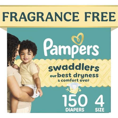 Pampers Swaddlers Diapers, Size 4 (15-34 lbs), 150 Count, Fragrance Free, Hypoallergenic, Absorbent, Pediatrician Recommended, Skin Safe