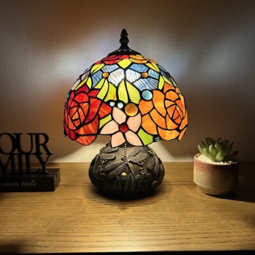 Tiffany Style Mini Table Lamp Stained Glass Rose Flowers LED Bulb 12”H*8”W*8”D