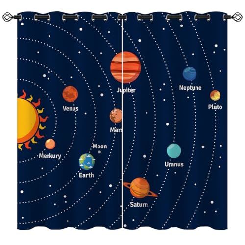 Science Blackout Curtains for Girls Boy Home Decor, Galaxy Planet Space Solar System Kids Blue Grommet Thermal Insulated Drapes Darkening Window Curtain for Bedroom Living Room, 55 x 63 Inch