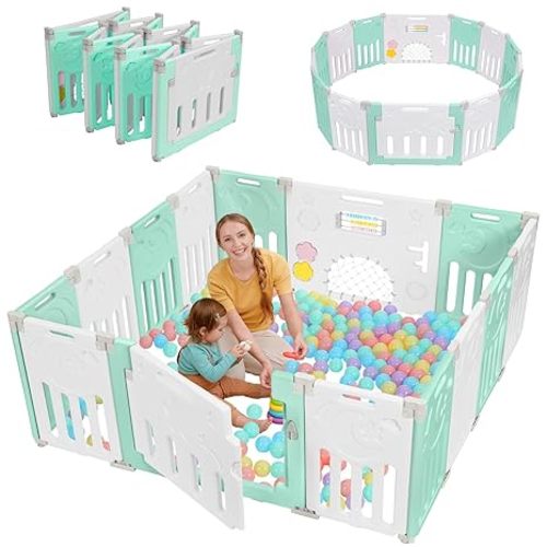 Baby Playpen, Dripex Baby Playard for Babies and Toddlers, 14-Panel Foldable Playpen Adjustable Portable Play Area, Indoor/Outdoor Kids Active Center with Game Panel & Safety Gate, Light Green White