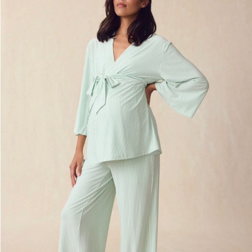 LAKE | Women | DreamModal® Pajamas | Parisian Green Pencil Stripe Maternity Kimono Bundle