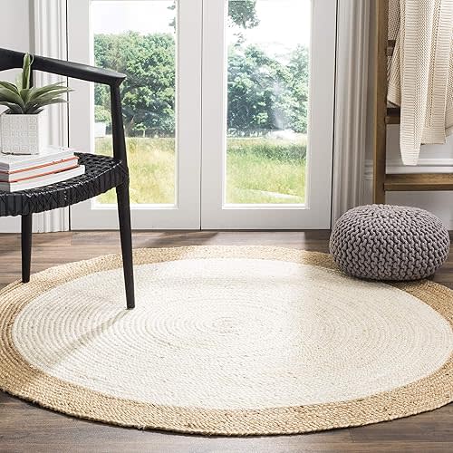 SAFAVIEH Area Rug 4' Round - Natural Fiber Collection - Ivory & Natural Brown, Handmade Jute, Braided Border Design (NF801M)