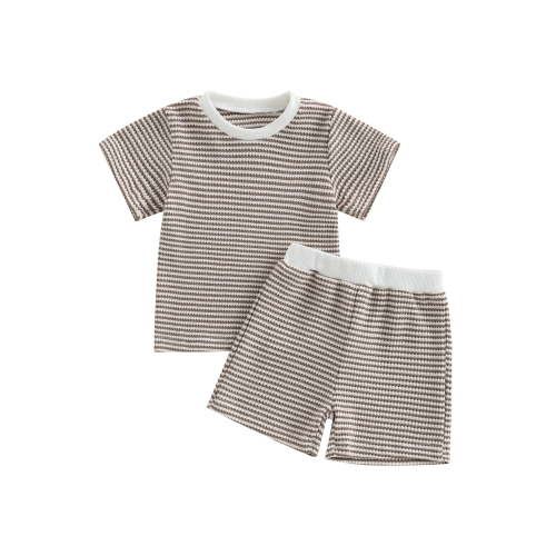 Loicainy Baby Toddler Summer Clothes 3 6 12 18 24 Months 2T 3T 4T 5T Waffle Striped Short Sleeve T-shirt Elastic Waist Shorts Kids 2 Piece Outfits Set