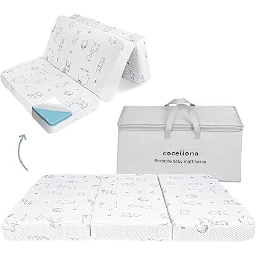 Trifold Pack and Play Mattress, 38x26 Dual-Firmness Memory Foam Pack N Play Mattresses with Travel Bag, Foldable Portable Animal Baby Mattress for Pack n Play, Removable Cover