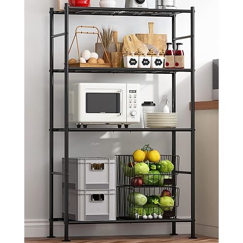 Storage Shelves - 4 Tier Shelf Organizer, Heavy Duty Garage Shelving Unit with Leveling Feet, Stable Metal Shelves Organizer for Pantry, Kitchen and Closet, 33.0" W x 12.6" D x 57.2" H, Black