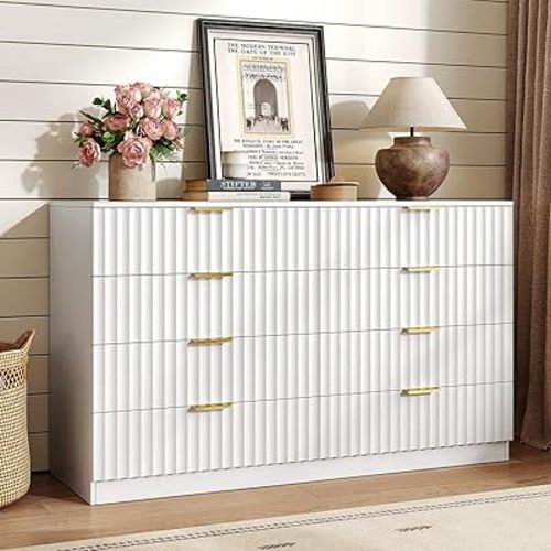 47.2" Wide Fluted 8 Drawer Dresser for Bedroom, White