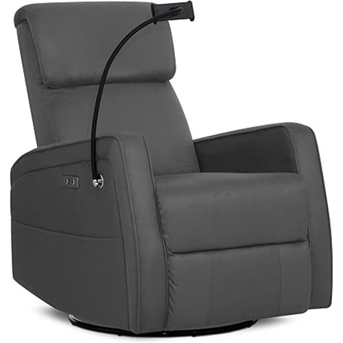 Evolur Maverick Upholstered Power Glider Recliner with Device Holder – Swivel, Rocking & Smooth Power Recline – Greenguard Gold & FSC Certified, Modern Nursery and Living Room Chair in Tempered Grey