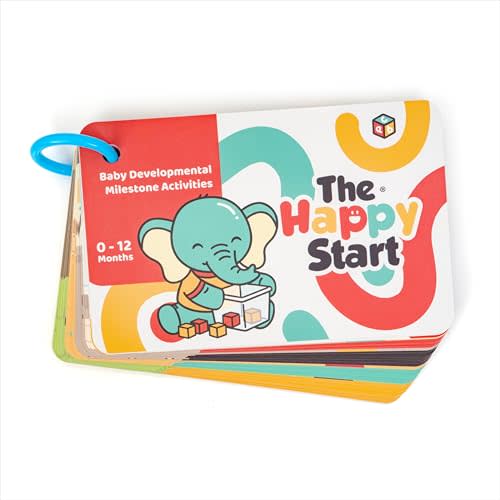 Happy Start Award-Winning Activity Cards, Baby Milestone Cards, 0-12 Months | 28 baby activity cards, expert tips with video, newborn essentials, perfect for new parents & baby's first year, shower gift