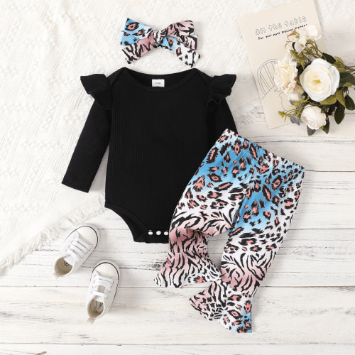 PatPat Baby Girl 3pcs Ribbed Ruffle Long-sleeve Romper and Leopard Print Flared Pants & Headband Set