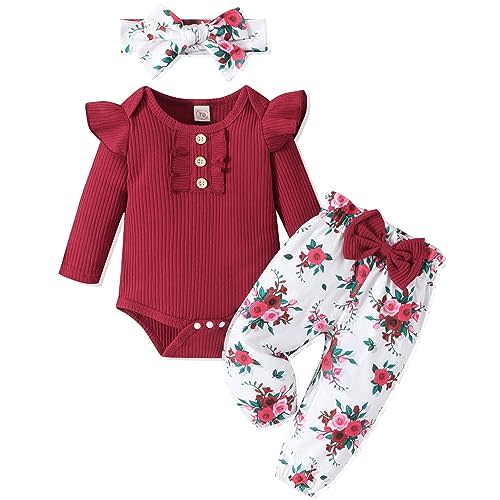 GDTOGRT Baby Girl Clothes Newborn Infant Outfits Ruffle Romper+ Floral Pants + Cute Headband Sets for Girls