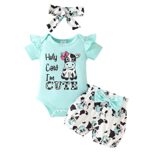 Povozer Baby Girl Clothes Summer Cowgirl Outfits Ruffle Newborn Infant Romper Print Bloomer Shorts Headband 3 Piece Set 0 3 6 9 12 18 24 Months for 0-3 Months,Light Blue