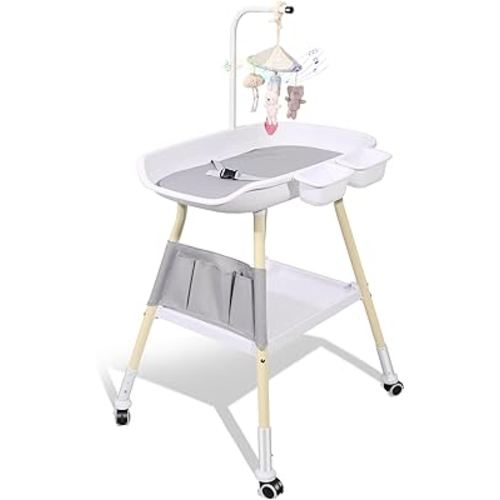 Baby Changing Table, Adjustable Height Diaper Changing Station with Baby Crib Mobile, Changing Pad, Nursery Organizer and Large Storage Rack for Infant and Newborn