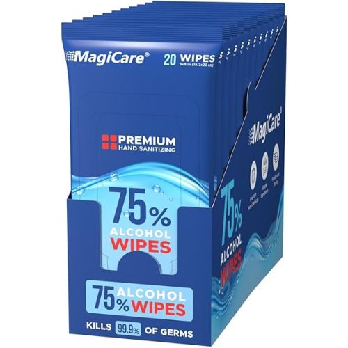 MagiCare 75% Travel Size Alcohol Wipes, Large (10, 20ct Packs, 200ct) - Hand Sanitizer Wipes, Unscented Hand Travel Wipe, Cleaning, Sanitizing - Wet Wipe to Go for Car, Bag, Purse, Airplane