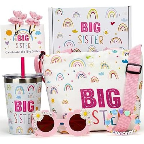 Big Sister Gift for Girls Sibling From New Baby - 12oz Stainless Steel Tumbler, Sunglasses, Canvas Tote Bag, Bracelet, Butterfly Hair Clips - Sibling Announcements & Baby Shower (Ages 2-10) -5PCS