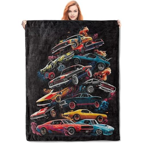 Muscle Cars Throw Blanket, Black Vintage Sports Car Print Fleece Blanket, Lightweight Warm Blanket for Boys Kids Teens Adults, Perfect for Couch Bed Sofa, Gifts for Car Enthusiasts, 40x50 in