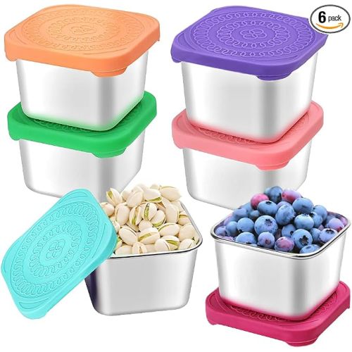 6 Pack Stainless Steel Snack Containers for Kids, 6 oz Toddler Snack Containers with Silicone Lids, Reusable Leak Resistant Food Containers for School Lunch, Daycare, Travel & Portion Control