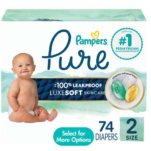 Pampers Pure Baby Diapers, Size 2 (12-18 lbs), 74, up to 100% Leakproof